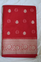 Load image into Gallery viewer, Cherry Red Kora Organza Buti Benarasi Saree
