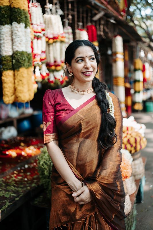 Chocolate Brown Tissue Cotton Saree