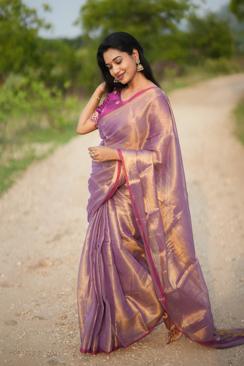 Violet and Gold Tissue Cotton Saree