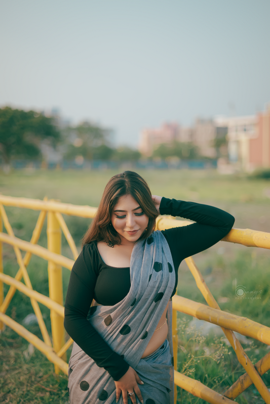 Grey Polka Dots Mul Cotton Saree with tassels