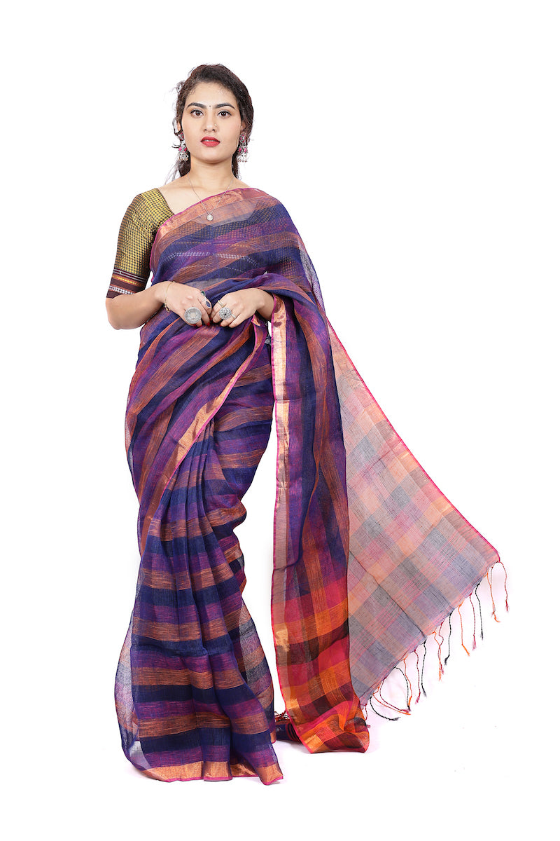 Dark Blue Striped Linen Saree