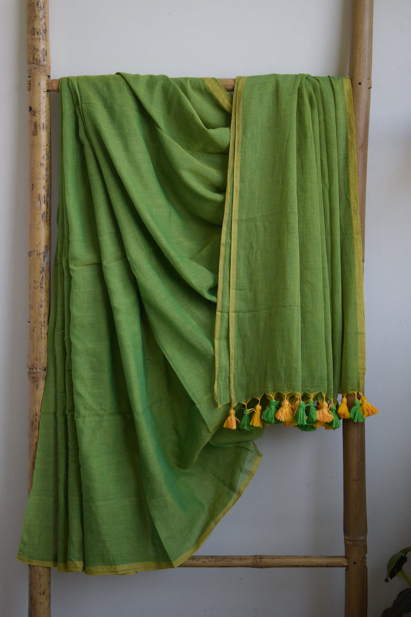 Green Mul Cotton Saree with tassels