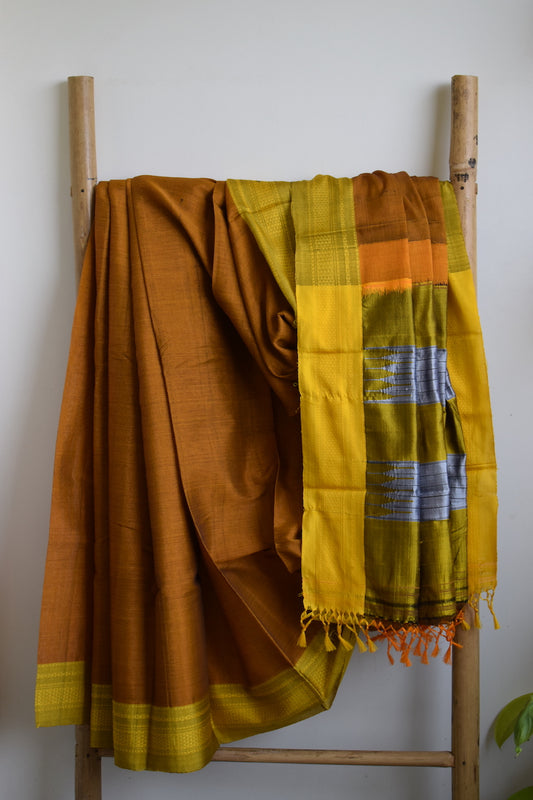 Honey Brown Ilkal Viscose Saree with Chikki Paras Border