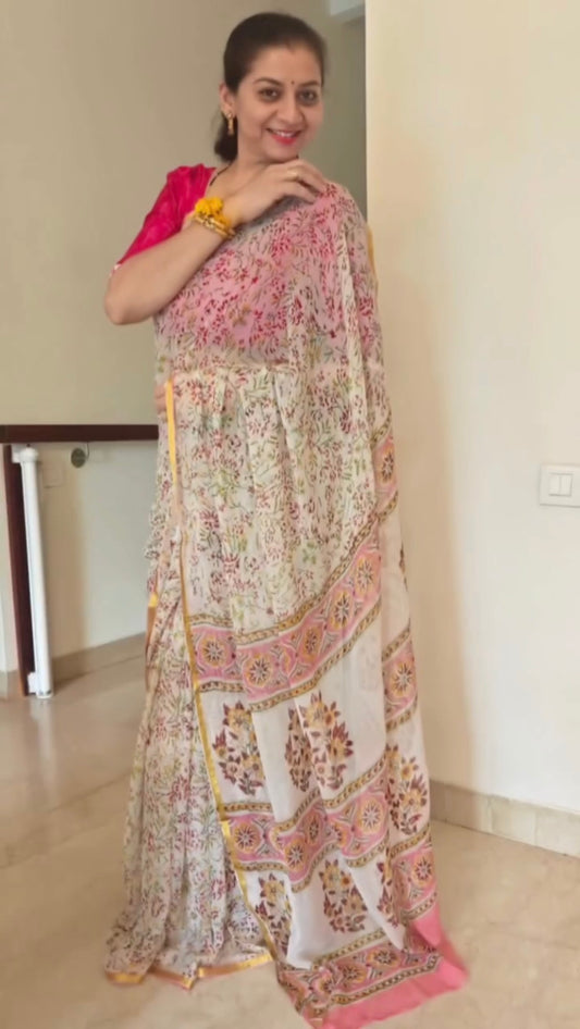 White Bagru Printed Chiffon Saree