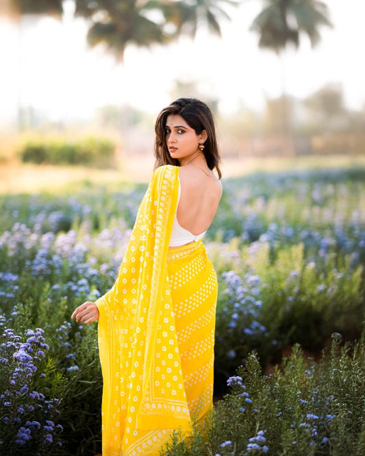 Yellow Printed Mul Cotton Saree