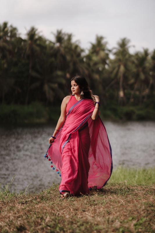 Pink Mul Cotton Saree with tassels