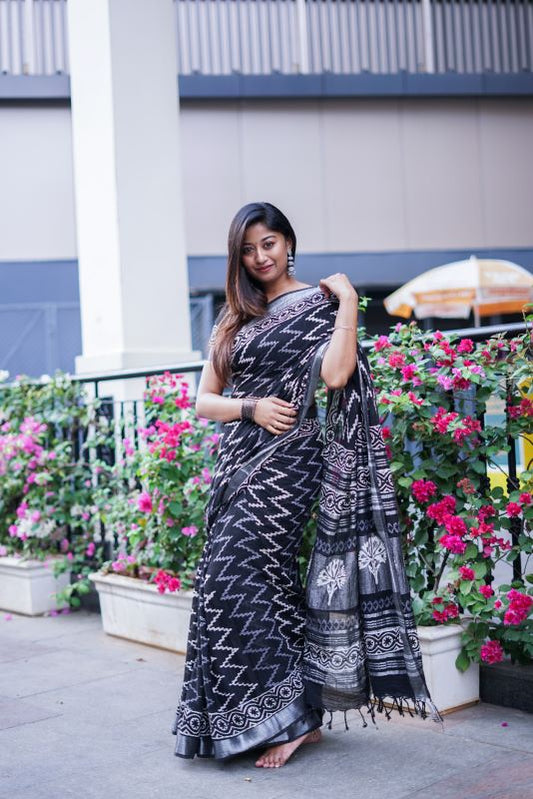 Black Printed Linen Cotton Saree