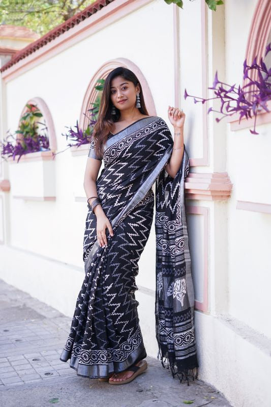 Black Printed Linen Cotton Saree