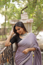 Load image into Gallery viewer, Smoked Pearl Plain Cotton Saree
