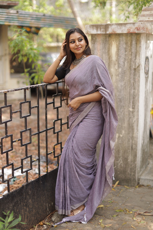 Smoked Pearl Plain Cotton Saree