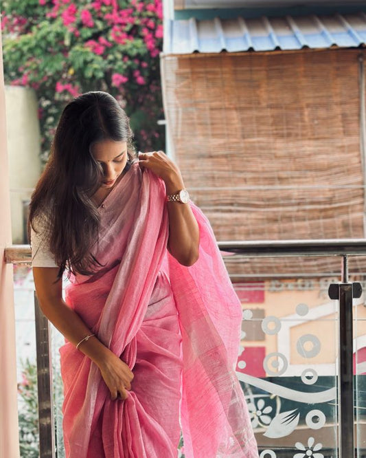 Baby Pink Linen Saree