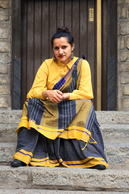Black Pattada Anchu Cotton Saree with Blue & Yellow border