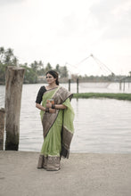Load image into Gallery viewer, Neon Green Benarasi Silk Linen Saree
