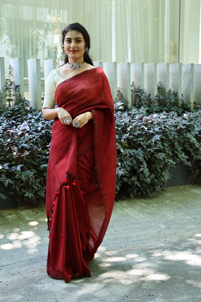 Oil Red Plain Cotton Saree