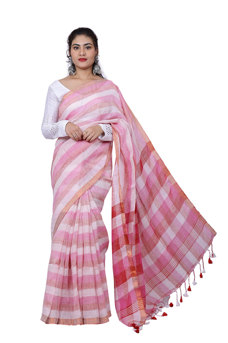 Baby Pink Striped Linen Saree
