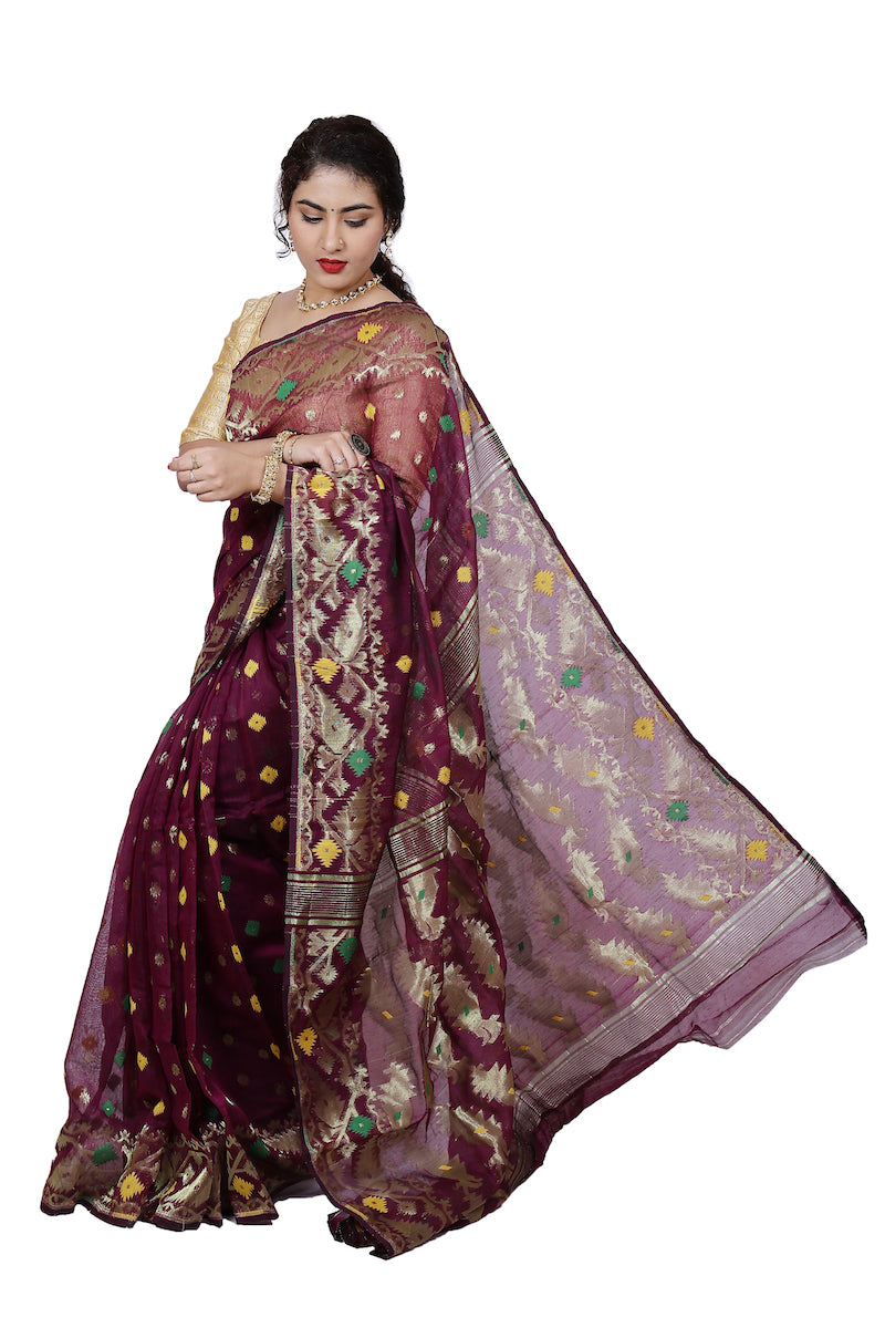 Purple Silk Cotton Jamdani Saree