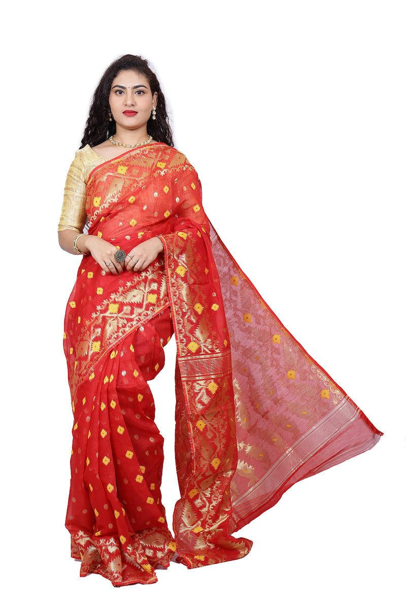 Red Silk Cotton Jamdani Saree