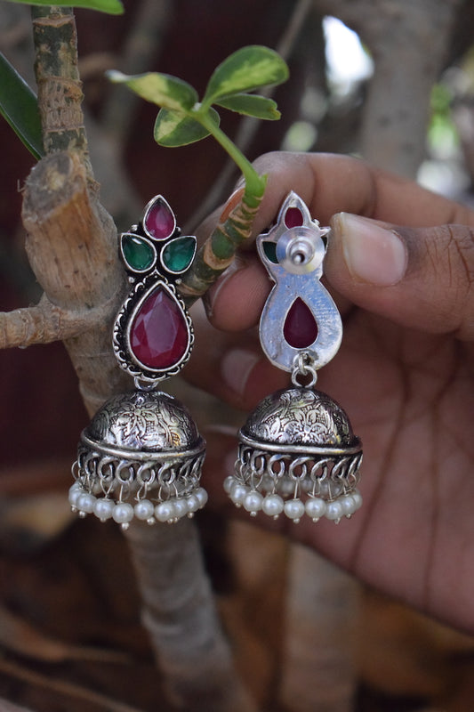 Red & Green Dual Stone Jhumka