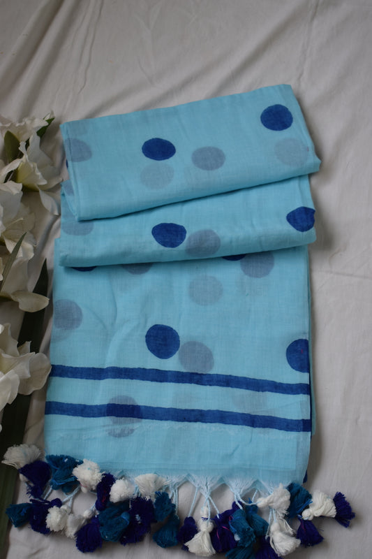 Sky Blue Polka Dots Mul Cotton Saree with tassels