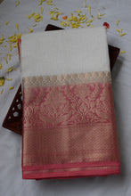 Load image into Gallery viewer, White Benarasi Linen Silk Saree
