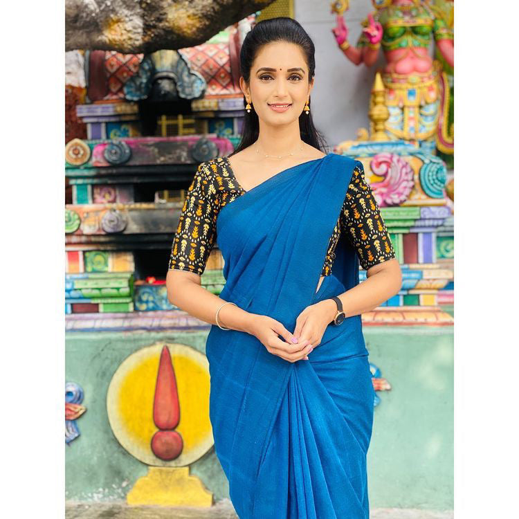 Peacock Blue Plain Cotton Saree