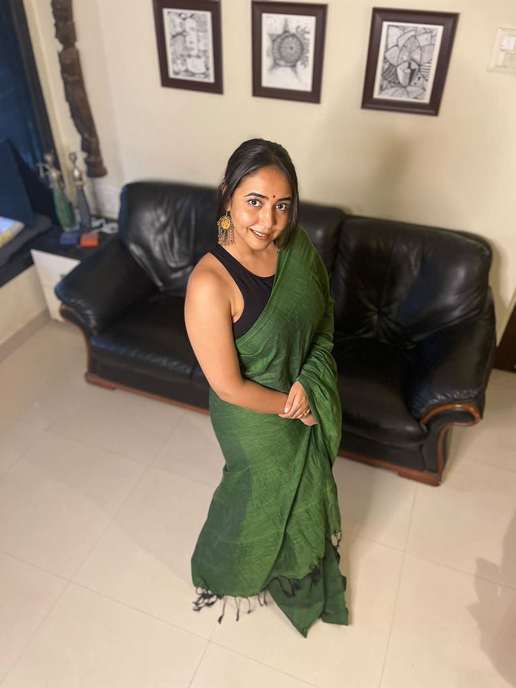 Green Plain Cotton Saree