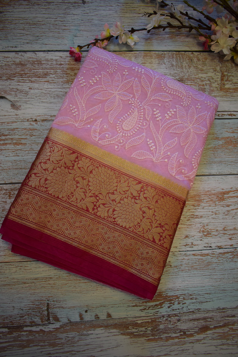 Baby Pink Semi Organza Chikankari Benarasi Saree