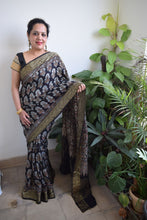 Load image into Gallery viewer, Black Dola Silk Ajrakh Saree
