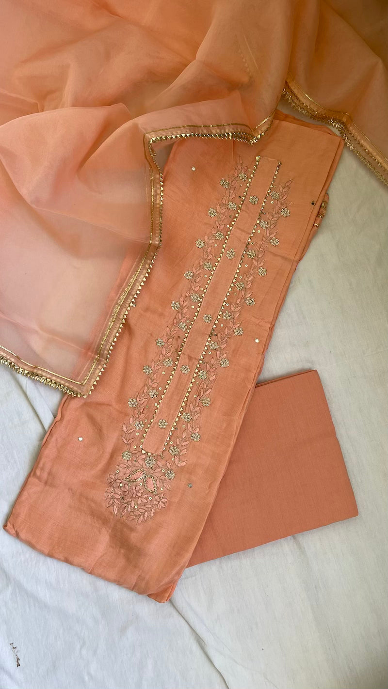 Blush Pink Muslin Silk Suit Dupatta Set with Gotapatti Work