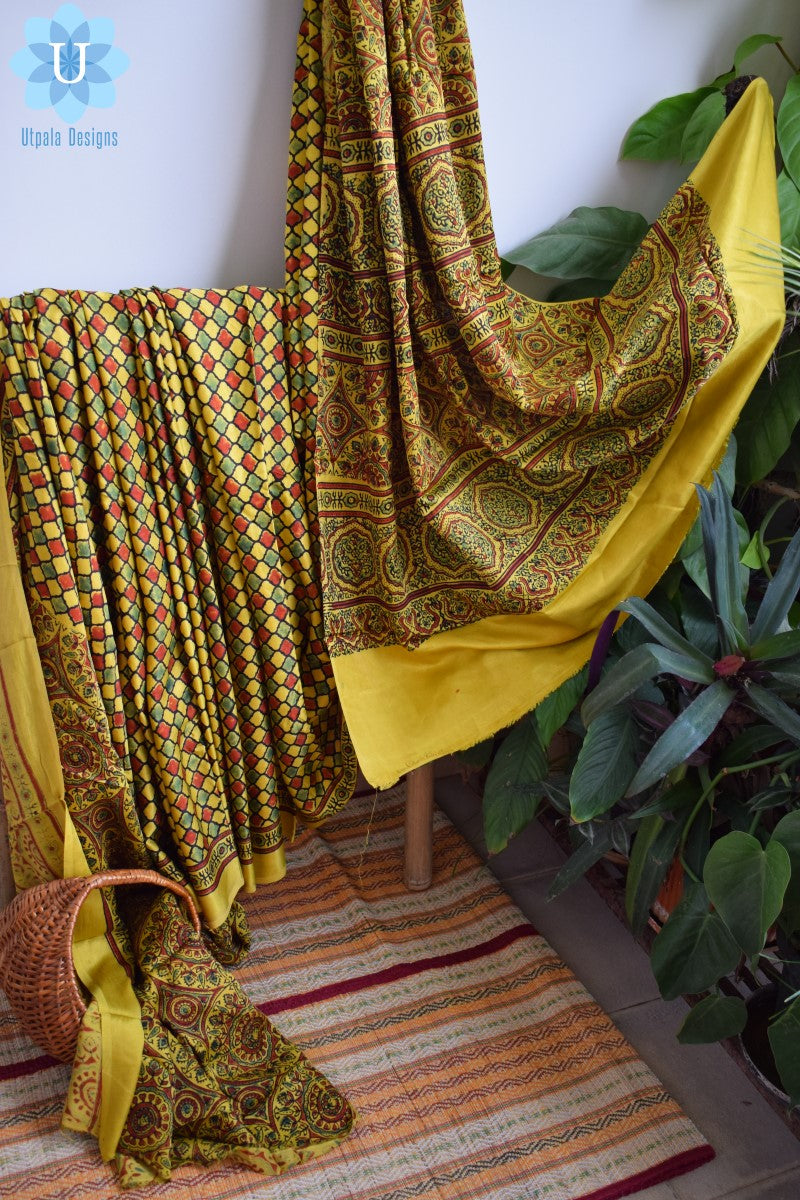 Yellow Modal Silk Ajrakh Saree