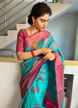 Load image into Gallery viewer, Turquoise Kora Silk Benarasi Saree
