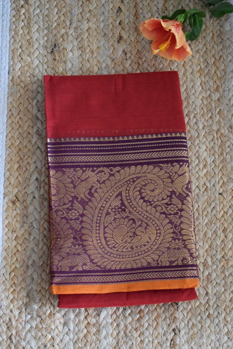 Cherry Red Kanchi Cotton Saree