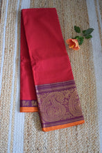 Load image into Gallery viewer, Cherry Red Kanchi Cotton Saree
