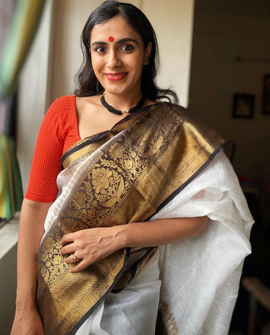 Off White Benarasi Linen Silk Saree