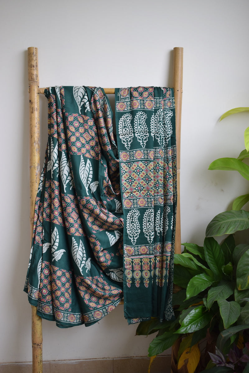 Leaf Green Modal Silk Ajrakh Saree