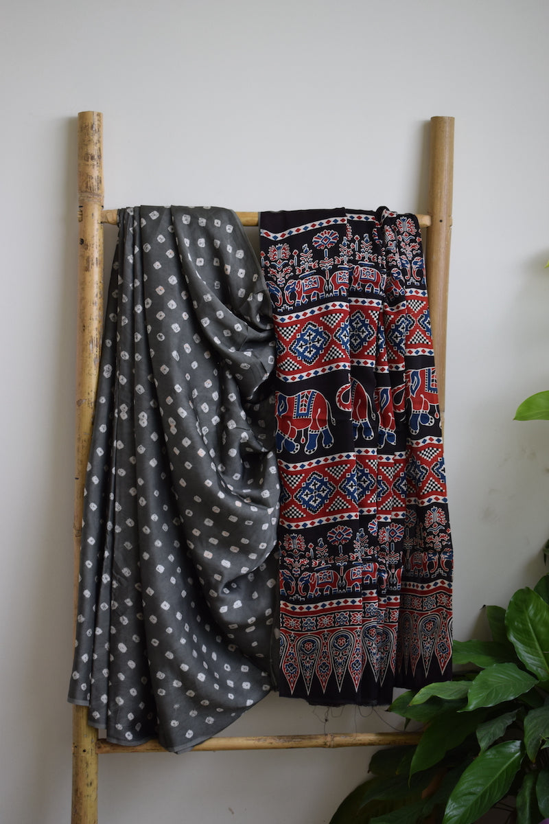 Grey Modal Silk Ajrakh Bandhani Saree
