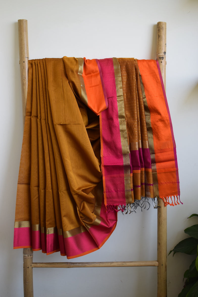 Honey Brown Maheshwari Silk Cotton Saree