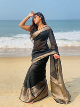Load image into Gallery viewer, Black Benarasi Linen Saree

