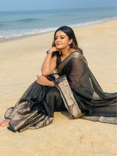 Load image into Gallery viewer, Black Benarasi Linen Saree
