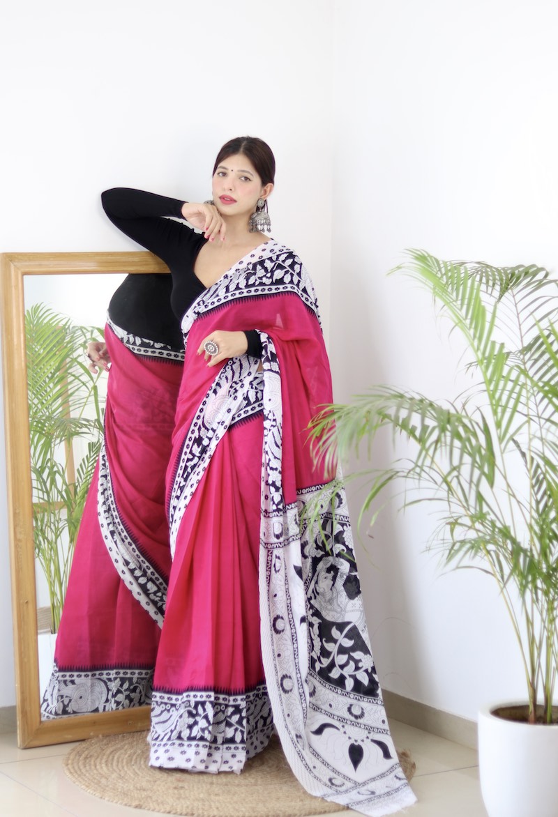 Pink Bagru Printed Mul Cotton Saree