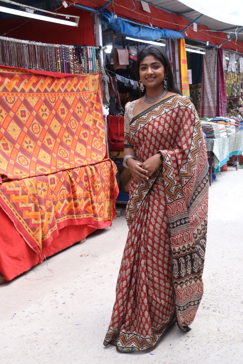 Red Chanderi Cotton Silk Saree