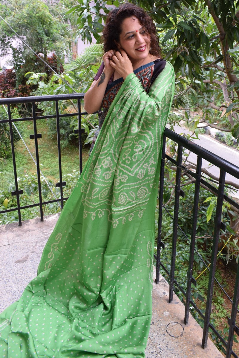 Indigo Modal Silk Ajrakh Bandhani Saree