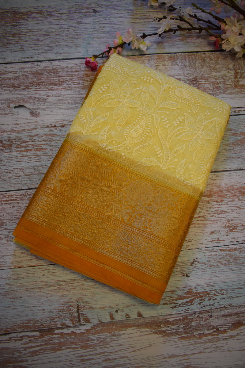 Lemon Yellow Semi Organza Chikankari Benarasi Saree