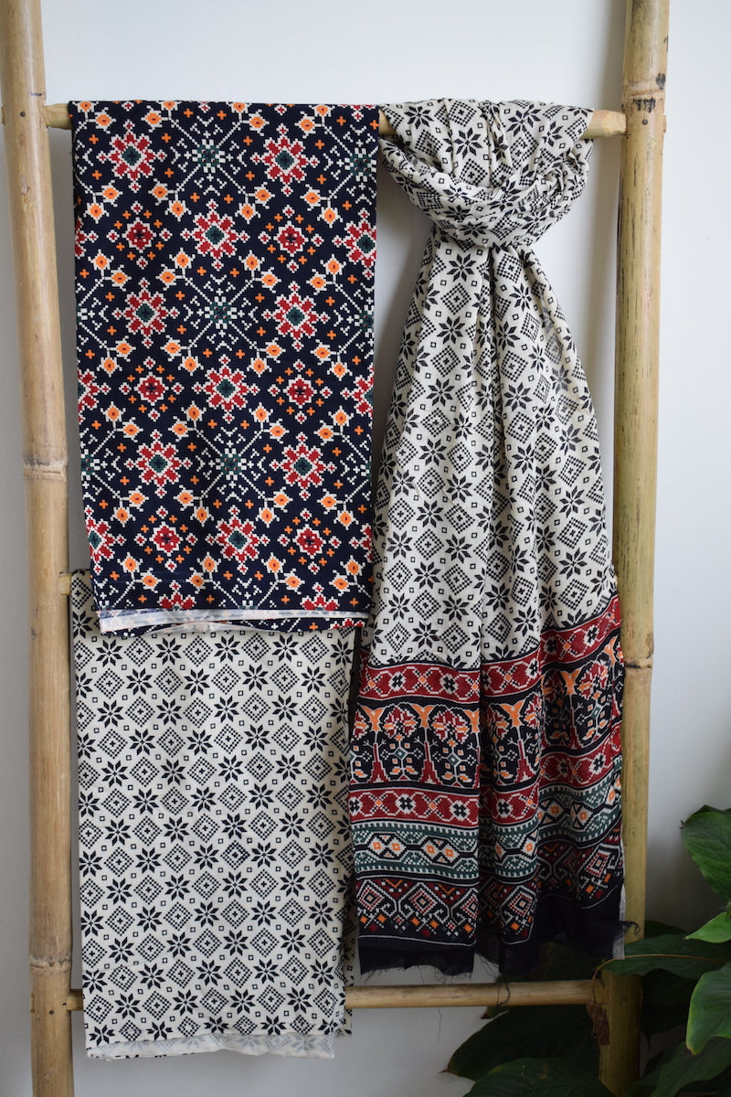 Navy Blue Patola Print Cotton Suit Dupatta Set