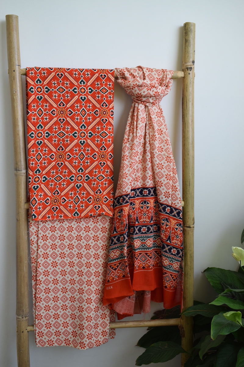 Orange Patola Print Cotton Suit Dupatta Set