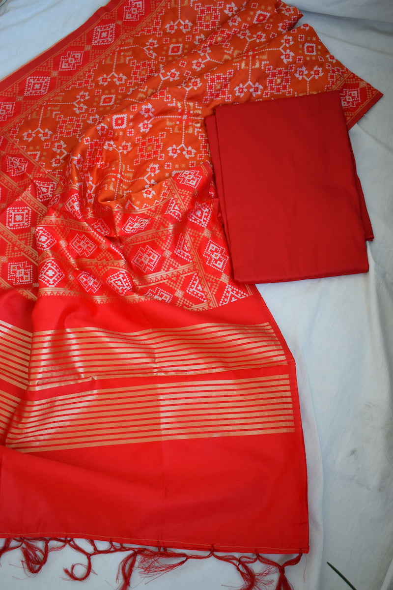 Orange and Red Silk Suit Dupatta Set