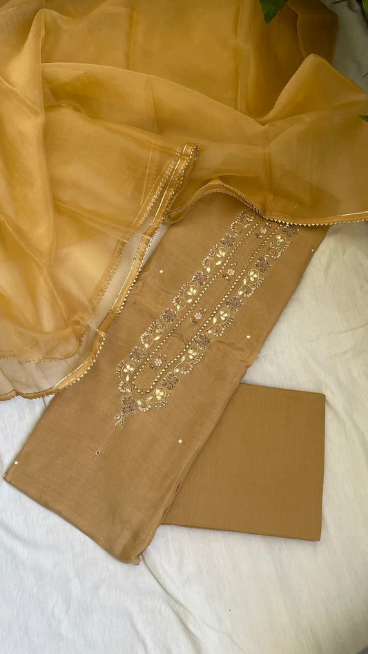 Peach Muslin Silk Suit Dupatta Set with Gotapatti Work