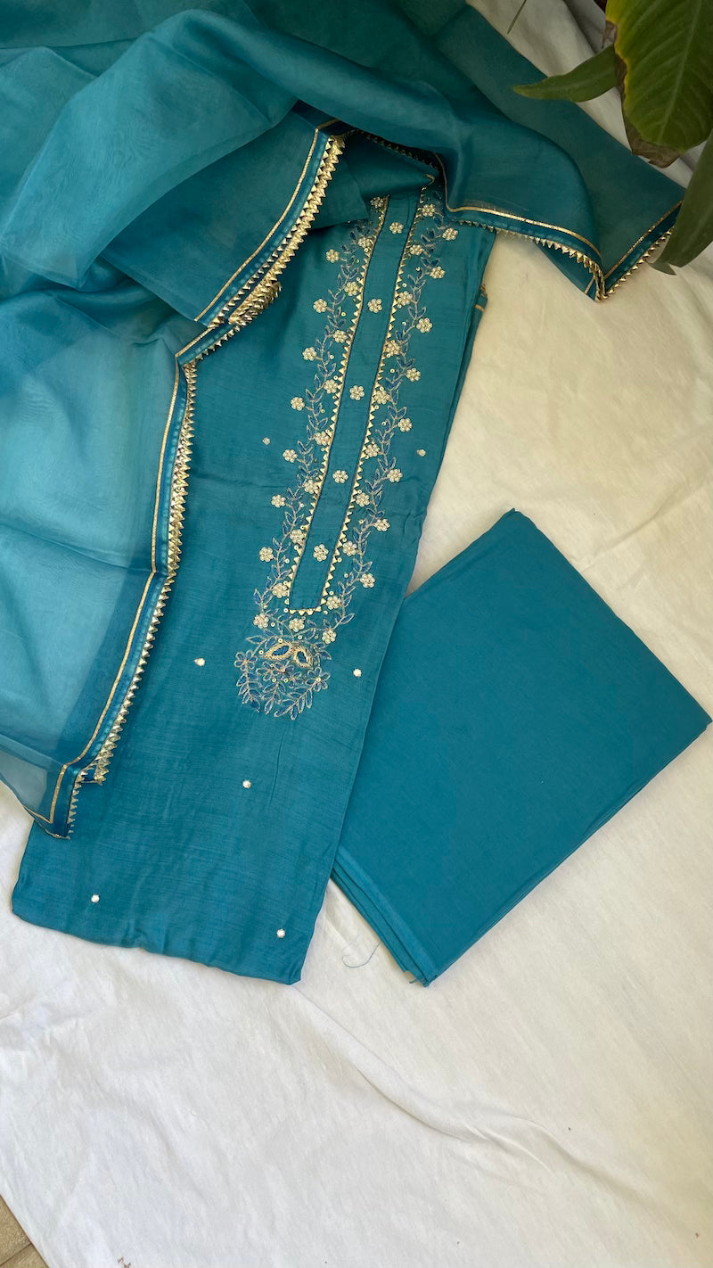 Peacock Blue Muslin Silk Suit Dupatta Set with Gotapatti Work