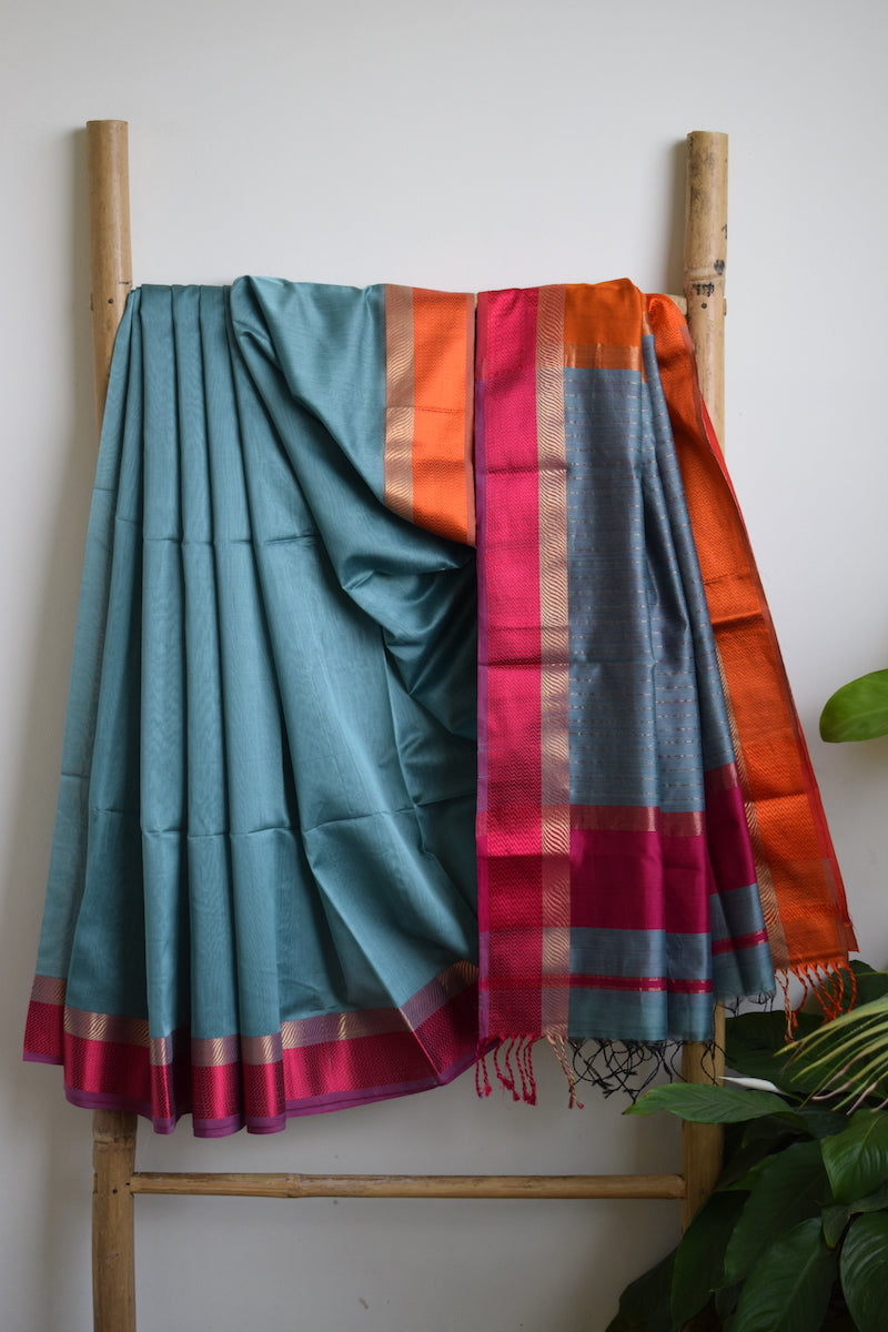 Powder Blue Maheshwari Silk Cotton Saree