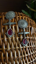 Load image into Gallery viewer, Red Stone Silver Lookalike Earrings
